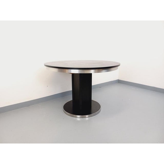 Vintage Round Dining Table in Black Wood-Effect Melamine and Chrome Metal, Space Age/1970s Style, with Integrated Extension For Sale - Image 13 of 18