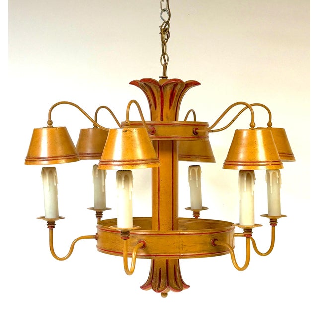 Brown Mid 20th Century Hollywood Regency Ochre Japanned Faux Bamboo Tole Six-Light Chandelier For Sale - Image 8 of 18