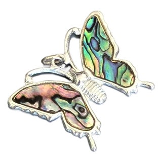 1990s Abalone Framed in Silver Tone Butterfly Pendant For Sale