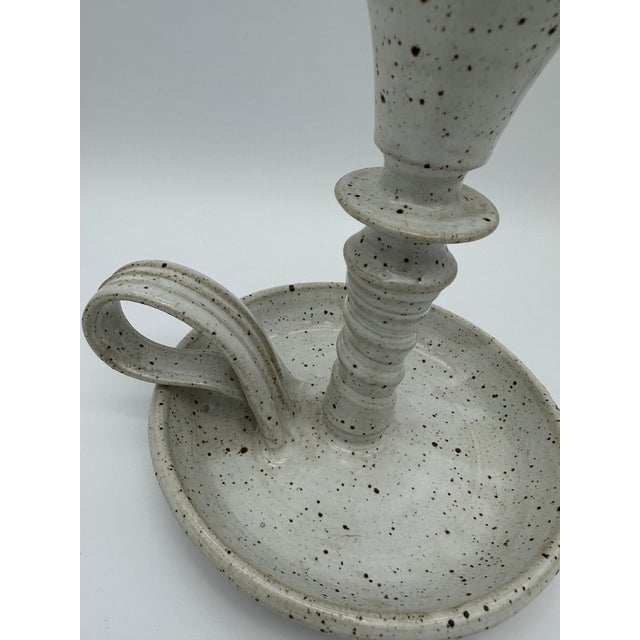 Mid-Century Modern Vintage Soft White Speckeled Ceramic Candle Holder For Sale - Image 3 of 7