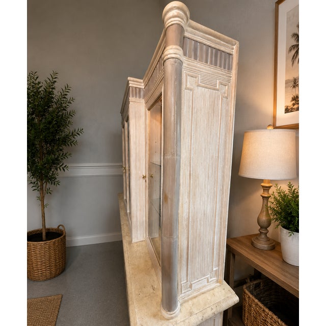Late 19th Century Late 19th Century Coastal Reeded Bamboo Buffet Cabinet Travertene Top and Display Hutch For Sale - Image 5 of 6