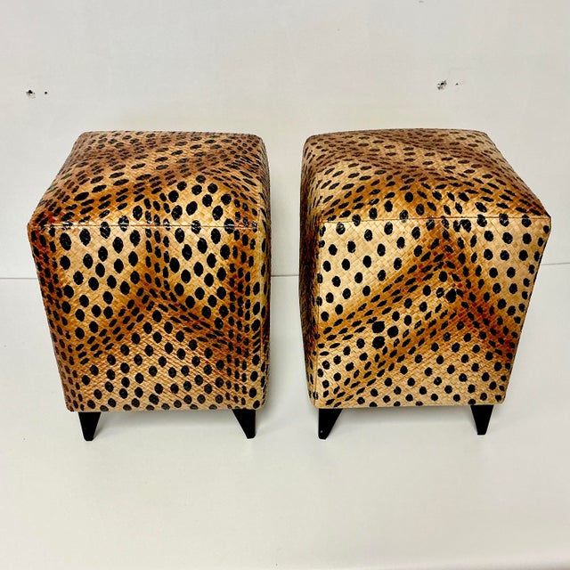 Vintage Boho Chic Hollywood Regency Coastal Leopard Woven Rattan Stools - A Pair. For Sale - Image 9 of 16