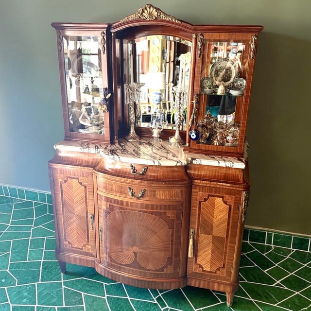 French 19th C Antique French Imprt Louis XVI Revival Marble Top Display Cabinet Buffet Vitrine For Sale - Image 3 of 15