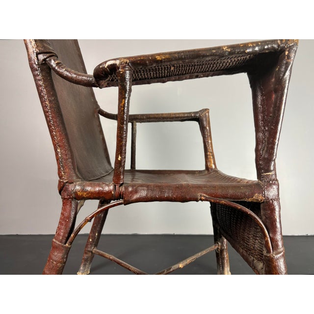Art Deco Wabi Sabi Colonial Rattan and Faux Leather Oil Cloth Armchair, 1920s For Sale - Image 16 of 18