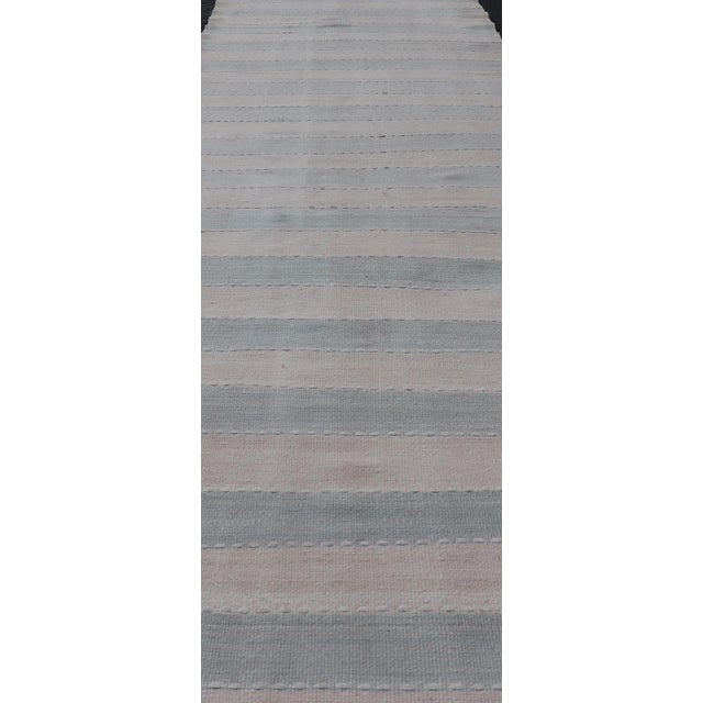 Textile Vintage Turkish Kilim Runner With Soft Blue and Ivory Stripes For Sale - Image 7 of 11