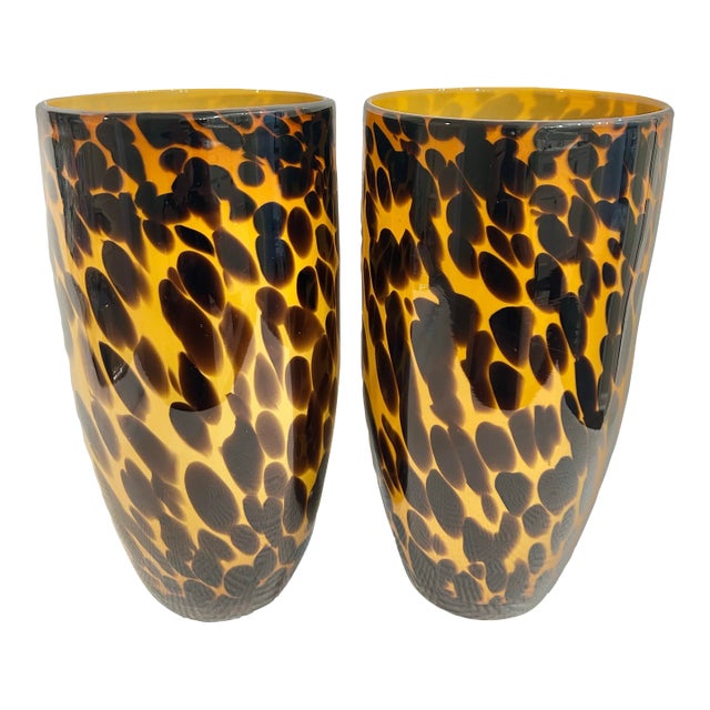 Early 21st Century Tortoise Shell or Leopard Layered Glass 12” Vases - A Pair For Sale