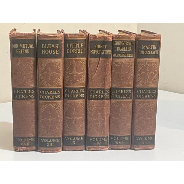 Antique Charles Dickens Books - Set of 13 - Burgundy Gold Black Decorative Books For Sale - Image 4 of 10
