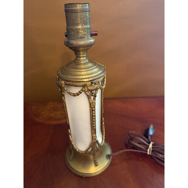 Traditional Pair of Vintage French Empire Brass & Milk Glass Table Lamps 12" X 4.5" Ca. 1950 For Sale - Image 3 of 18