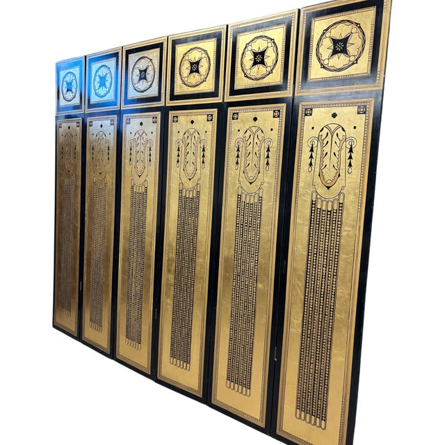 Paint Striking Six-Panel Art Deco Carved Black Lacquer and Gilt Screen For Sale - Image 7 of 16