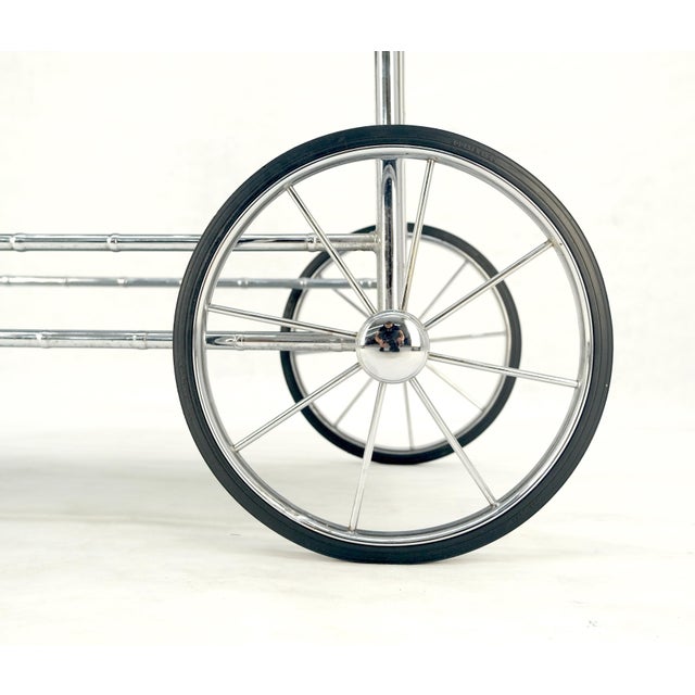 Metal Italian Chrome Faux Bamboo Smoked Glass Two Tiers Serving Cart Bar Table MINT For Sale - Image 7 of 11