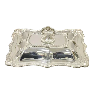 Early 20th Century Silver Plated Victorian Scalloped Edge Lidded Vegetable Serving Platter Dish