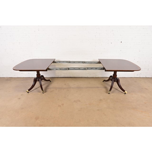 Baker Furniture Georgian Banded Mahogany Double Pedestal Extension Dining Table, Newly Refinished For Sale In South Bend - Image 6 of 13