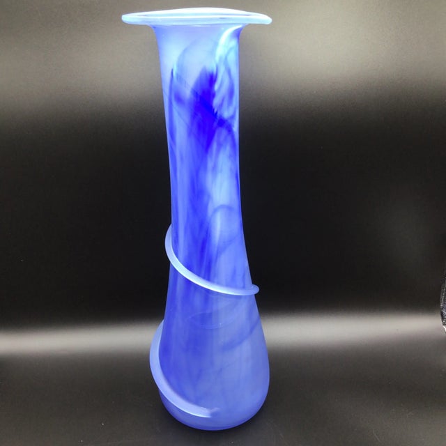 Modern Romanian Blue and White Hand Blown Swirl Vine Vase 16.75" Tall For Sale - Image 3 of 12