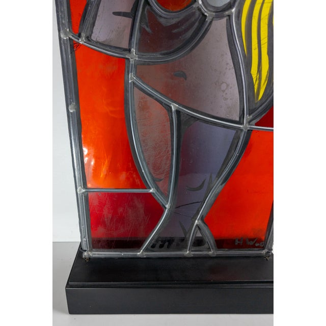 Glass 1960's Mid-Century Stained Glass Window Panel of a Figure, Signed For Sale - Image 7 of 16