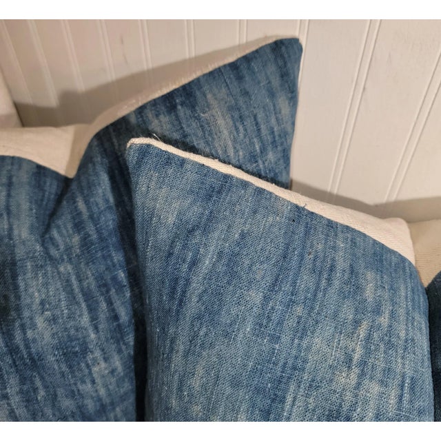 Rustic 19Thc Blue Homespun Faded Linen Pillows -Pair For Sale - Image 3 of 4