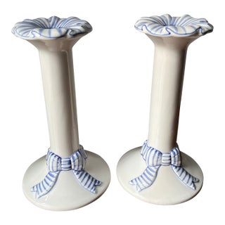 Ceramic Hand-Painted Candle Sticks-a Pair For Sale