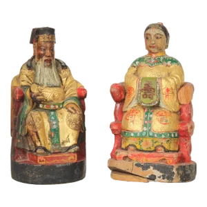 Pair of Chinese Wood Carved Polychrome and Gilt Decorated Figures