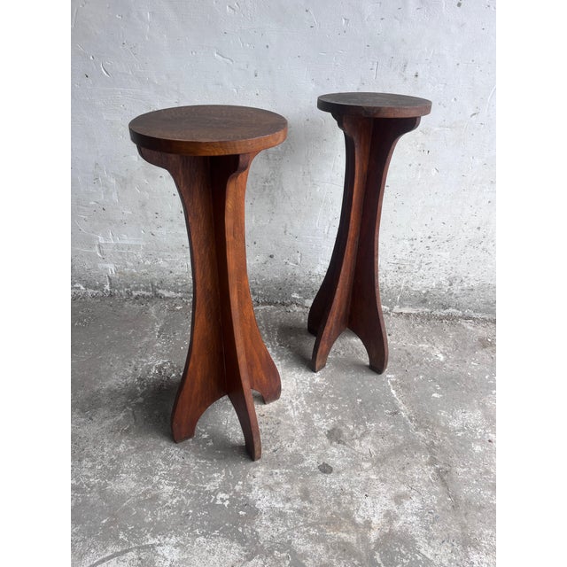 Arts & Crafts Wooden Pedestal Stands, France, 1920, Set of 2 For Sale - Image 9 of 9