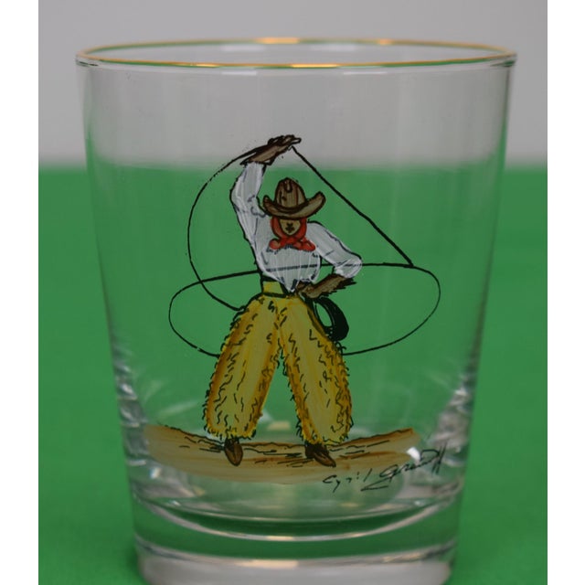 Glass Mid 20th Century Set X 6 Cyril Gorainoff Hand Painted Western Cowboy Theme Double Old Fashioned Cocktail Glasses For Sale - Image 7 of 9