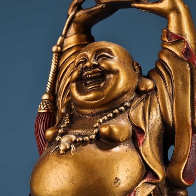 Vintage Gilt Bronze Standing Maitreya Buddha Holding Gold Ingot For Sale In Los Angeles - Image 6 of 9