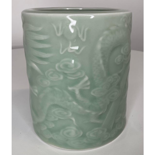 Ceramic Mid 20th Century Celadon Dragon Brush Pot For Sale - Image 7 of 10
