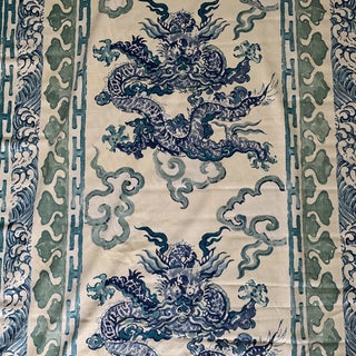 Aqua Peacock Blue Luxe Thailand “enter the Dragon” Richard Smith for Thompson Linen Fabric- 6 1/2 Yards For Sale