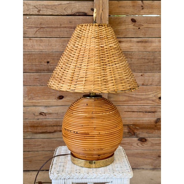 Mid 20th Century Vintage Pencil Rattan Table Lamp With Crab Finial & Woven Shade For Sale - Image 5 of 12