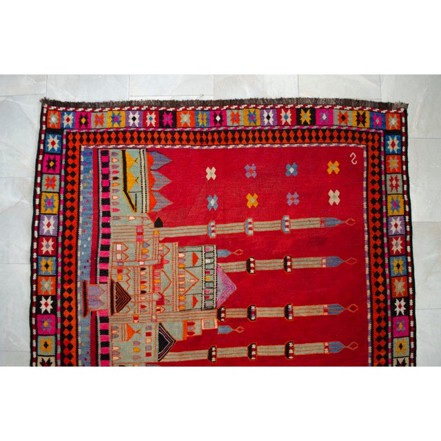Red Masterpiece 1963 Dated Turkish Kilim, Extra Large Pictorial Wall Tapestry, Vintage Wall Decor With Mosque Design, Rare Architectural Art For Sale - Image 8 of 15