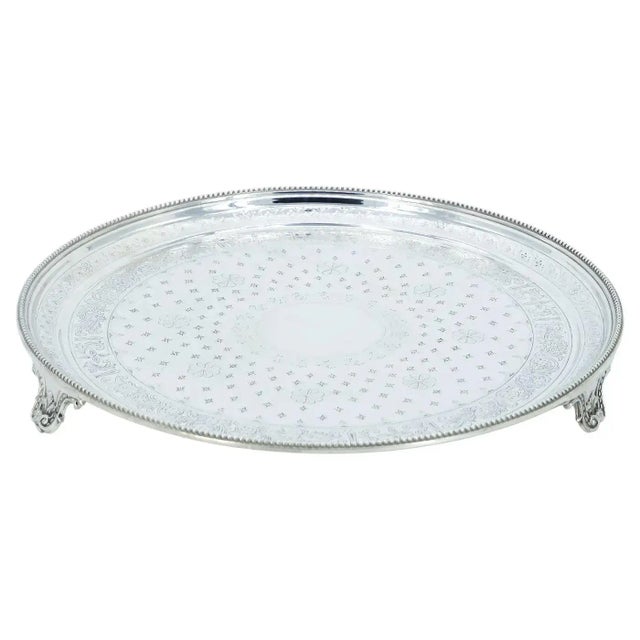 English Elkington's Silver Plated Round Shape / Interior Decorated Serving Tray For Sale - Image 10 of 10