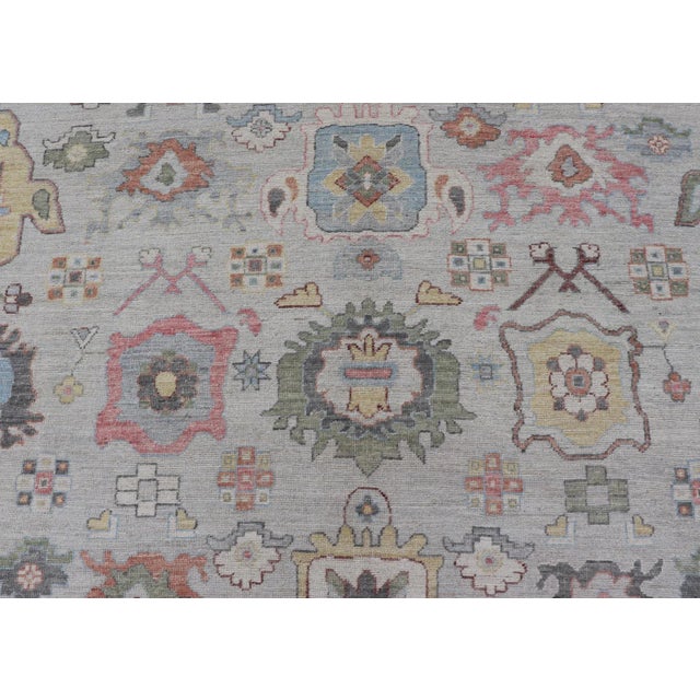 Oushak Floral Motif on Light Grey Background and Colorful Design For Sale - Image 4 of 13
