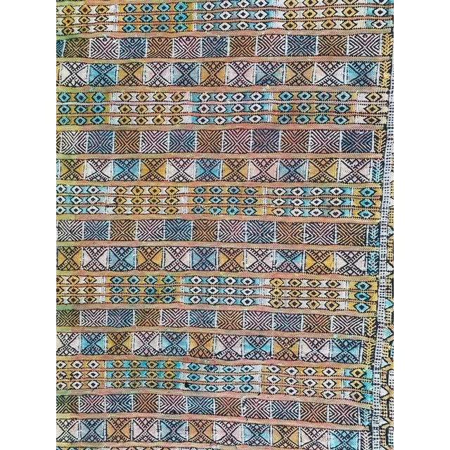 Nice Moroccan flat woven rug with geometrical tribal design and beautiful colors, entirely hand woven with wool and silk...