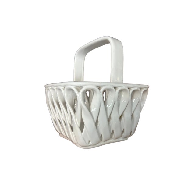 Bordallo Pinheiro Vintage White Italian Ceramic Open Weave Basket With Handle – Made in Italy For Sale - Image 4 of 7
