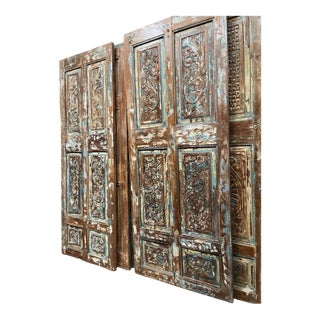 Antique Blue Floral Carved Closet Door – Rustic Hinged or Sliding Barn Door Panel 80 For Sale
