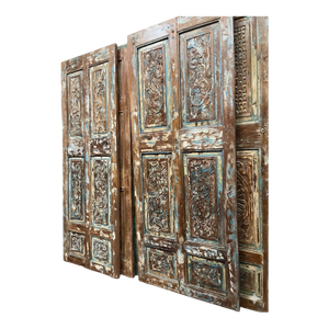Antique Blue Floral Carved Closet Door – Rustic Hinged or Sliding Barn Door Panel 80