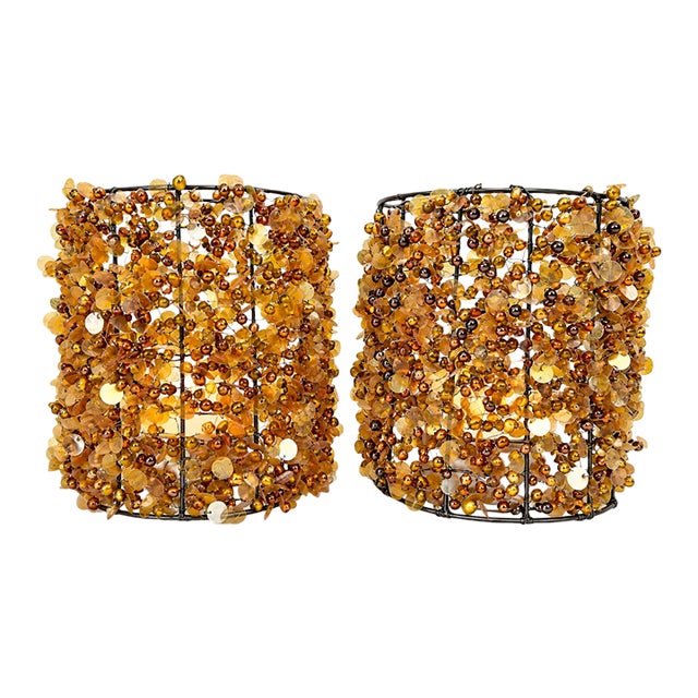 Vintage Hollywood Regency Amber Beaded Votive Candle Sconces, Pair For Sale