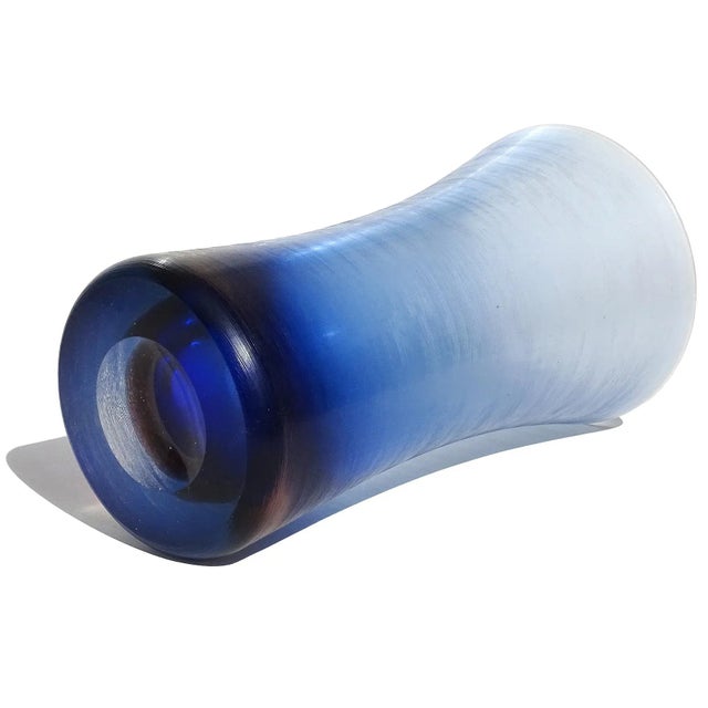 Murano Venini Signed Sommerso Blue Inciso Carved Technique Vintage Italian Art Glass Flower Vase For Sale In Orlando - Image 6 of 8