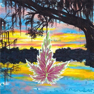 Surrender-Lake Cherokee, Florida by Amanda Seckington | Acrylic on panel Colorful leaf over water at sunset For Sale