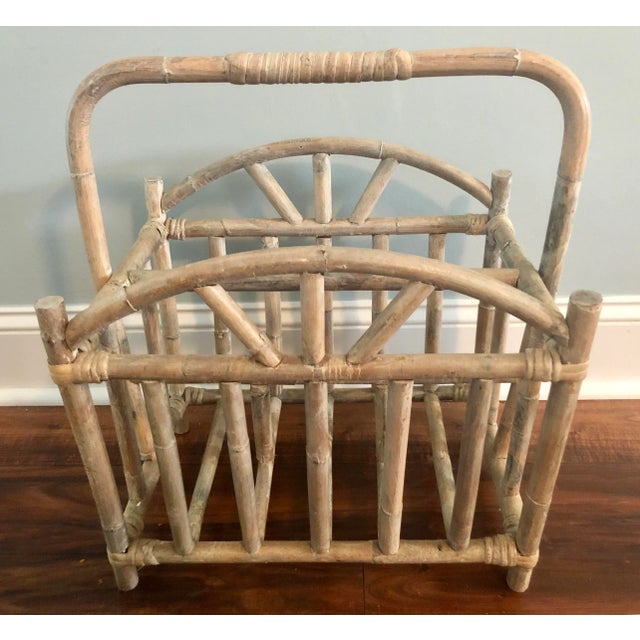 Mid 20th Century Glazed and Whitewashed Bamboo Rattan Magazine Rack For Sale - Image 5 of 9