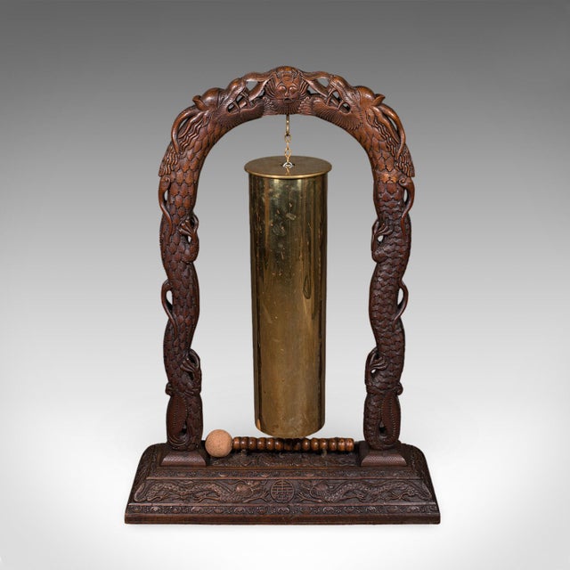 1930s Large Vintage Alarm Gong, Oriental, Hardwood Chime Stand, Brass, Art Deco, 1930 For Sale - Image 5 of 12