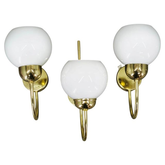 Vintage Brass and Opaline Glass Wall Lights by Kamenický Šenov, 1970s, Set of 3 For Sale - Image 16 of 16