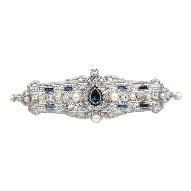 Art Deco Diamond Pearls Gold Brooch 1ct 14k White Filigree Style For Sale