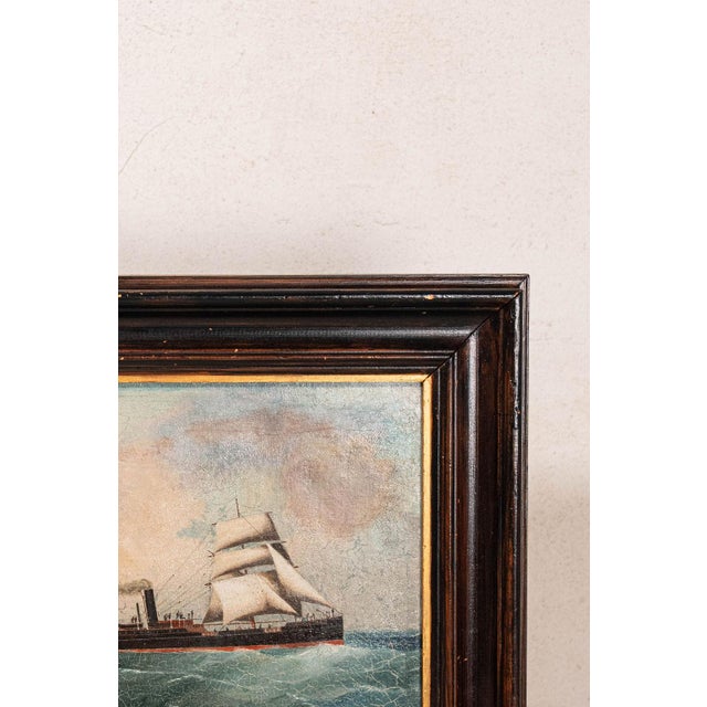 Antique Oil on Canvas British Steamship Painting in Oak Frame For Sale In Charleston - Image 6 of 9