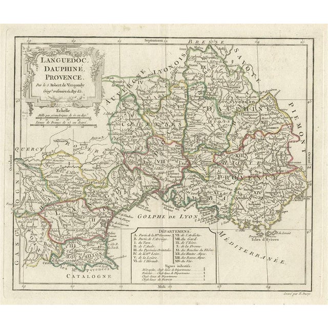 Antique Map of Southeastern France with Decorative Cartouche, 1790 For Sale