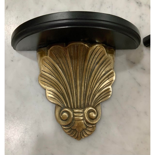 Pair of Vintage Brass Clam Shell Sconces With Black Wood Shelves for Nautical, Palm Beach Regency & Grandmillennial Styles+ See Pics! For Sale - Image 10 of 11