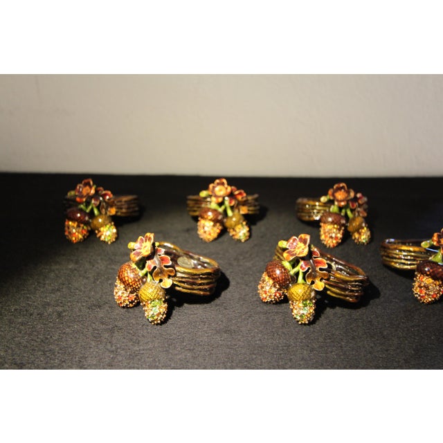 Metal Set of 6 Rare Vintage Jay Strongwater "Enchanted Acorn" Enameled Napkin Rings For Sale - Image 7 of 13