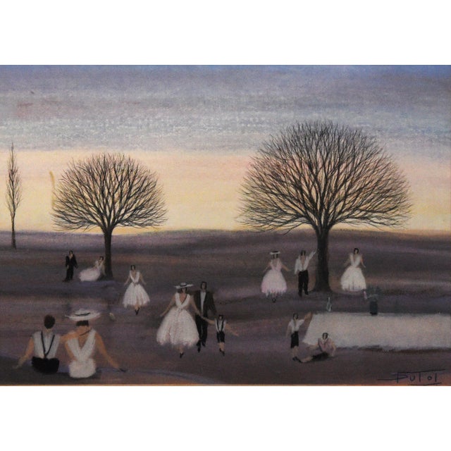 This pastel painting, by Bruno Dutot, sized 21" x 27", depicts a group of figures gathered in a landscape at dusk. The...