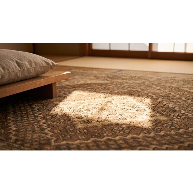 1930s Tan Camel Medallion Antique Chinese Khotan Rug 6'9" X 12'5" Handknotted Wool Carpet For Sale - Image 10 of 10
