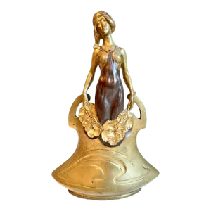 Late 19th Century Antique Art Nouveau Charles Korschann Bronze Vase “Night Maiden Bearing Pansies”