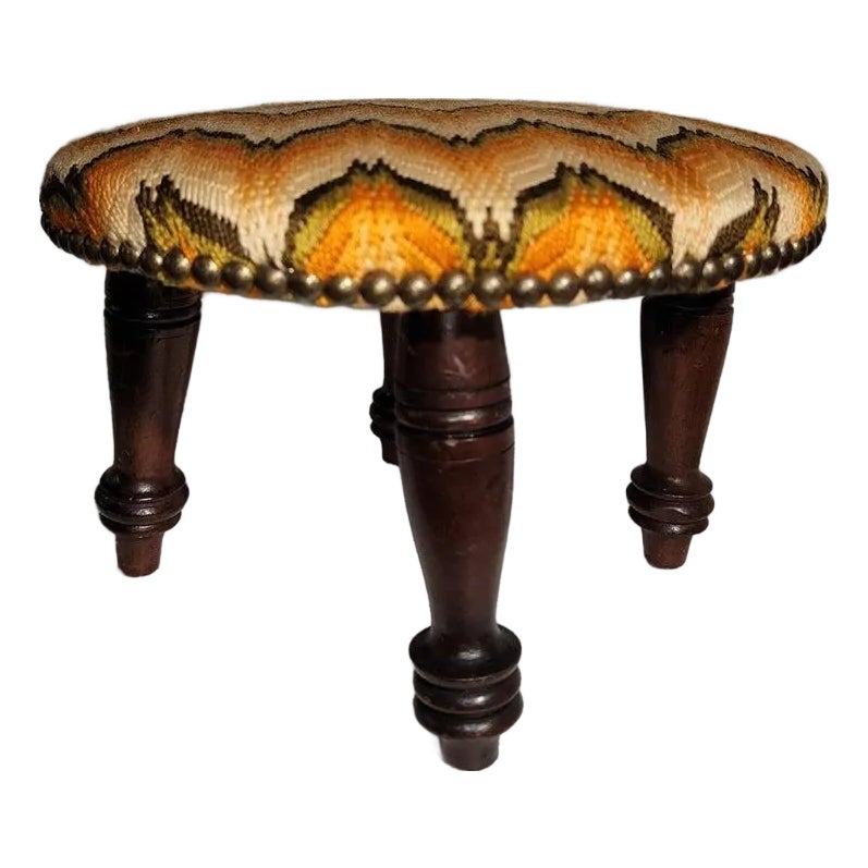 Early 19th Century Flame Stitch Hand Made Stool | Chairish