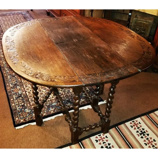1930s Round Carved Gateleg Table With Barley Twist Legs For Sale - Image 9 of 9